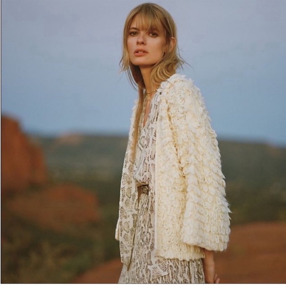Akemi + Kin Cream Yarn Loop Wool Blend Open Front Cardigan
